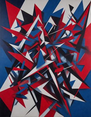 The primary subject of the image is a large, colorful, and abstract painting. The painting features a mix of red, blue, and white colors, creating a vibrant and dynamic visual experience. The setting is a wall, and the visual style appears to be a combination of digital art and illustration. The painting's colors and mood evoke a sense of energy and creativity.